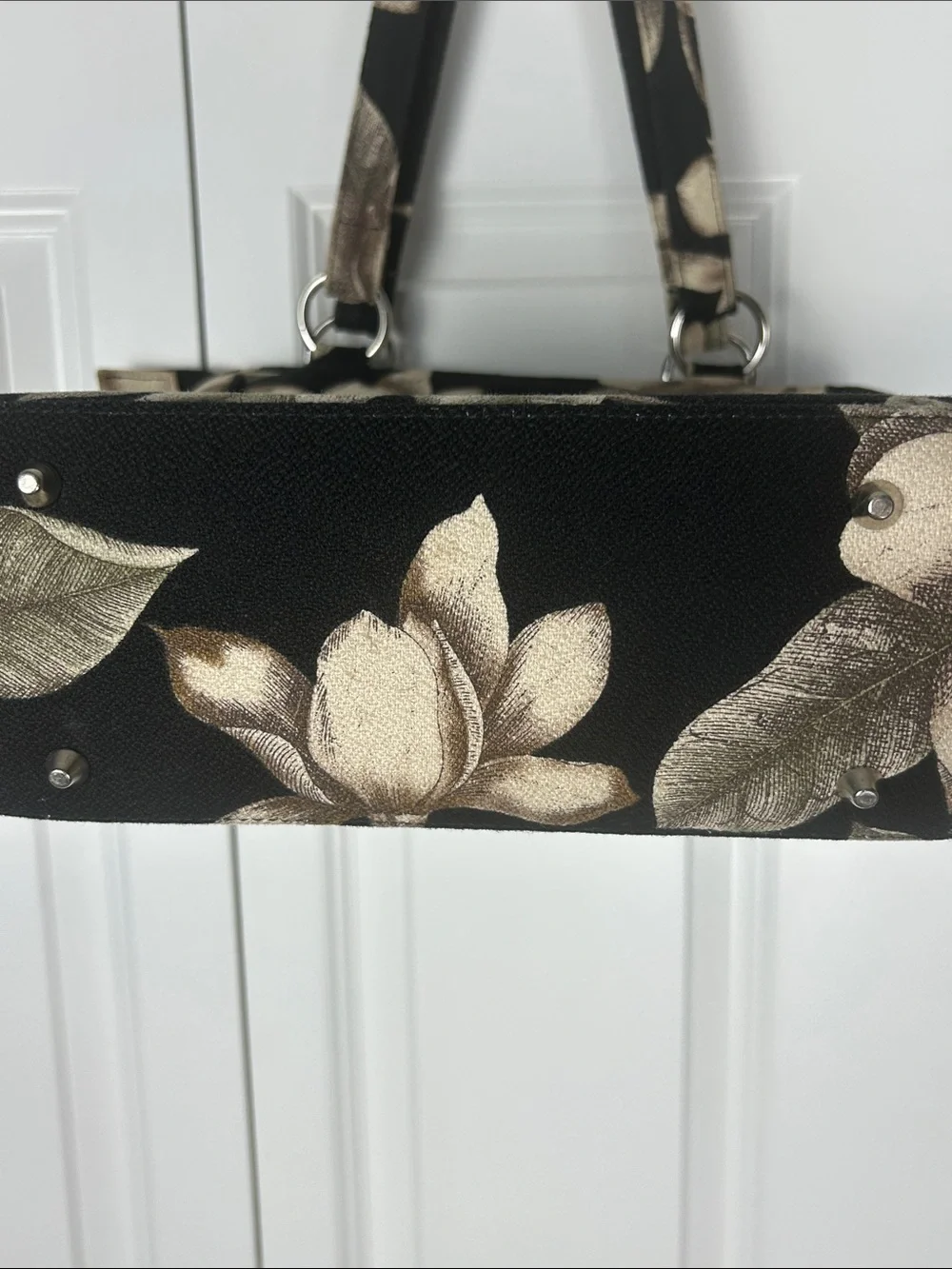 Black Floral Tote Bag with Cream Magnolia Accents